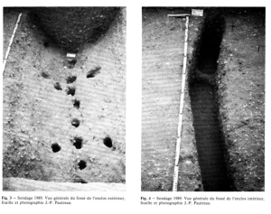 On peut sur la photo de gauche observer les structures en creux du "rempart externe" et une vue plus générale du fossé.